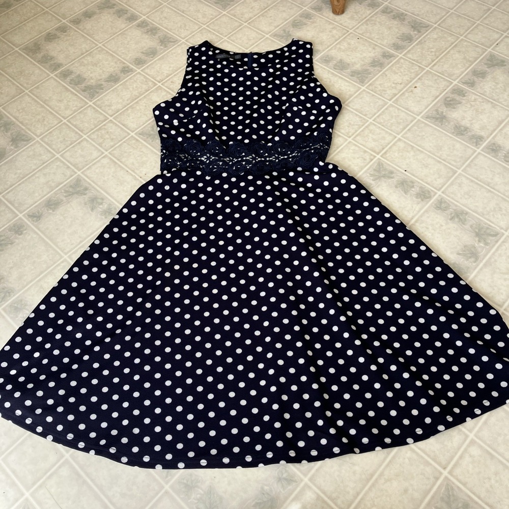 Hobeyee White navy blue Polka Dot SunDress 8 lace inset retro 50's Pretty Woman